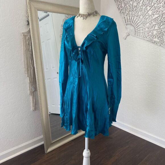 Deadstock Frederick's Of Hollywood Teal Ethereal Frilly Ruffle Silk Dress Top M - Picture 3 of 8